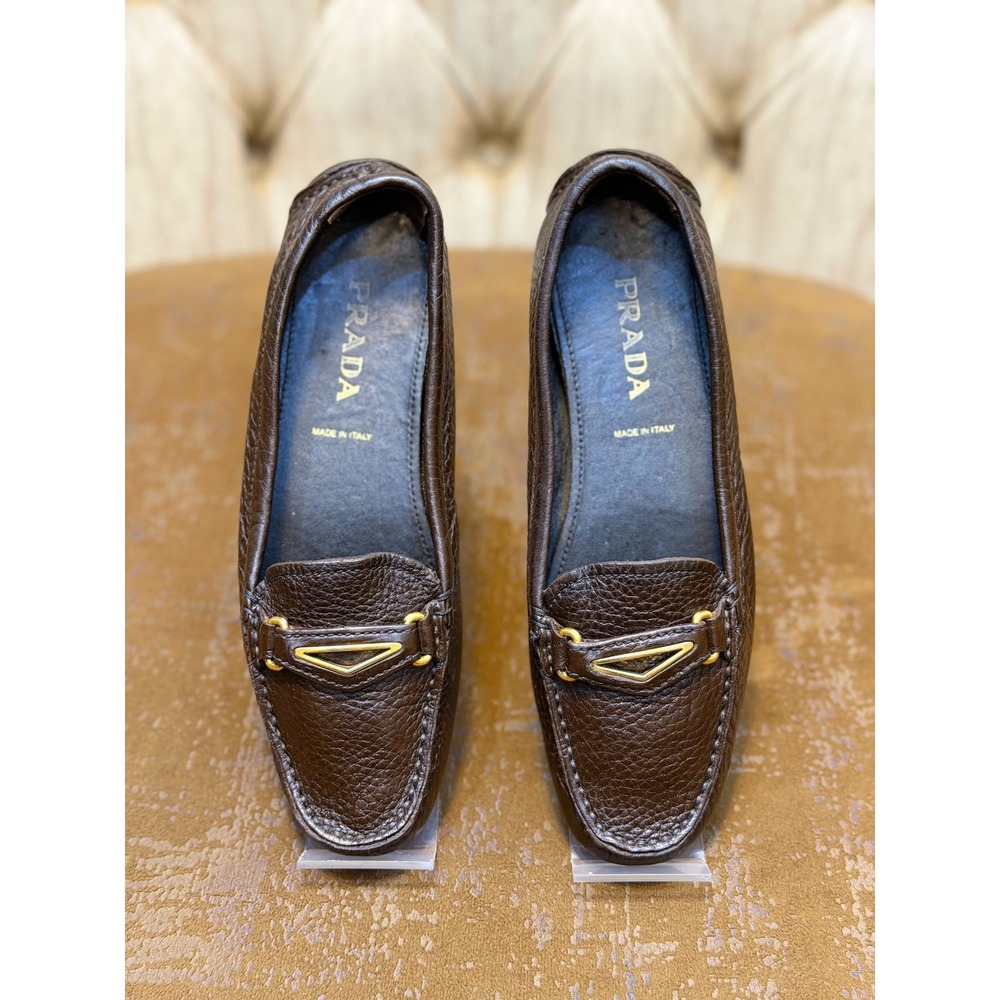 Prada Dark Brown Pebbled Leather Driving Loafers Gold Triangle 1D 753 35.5